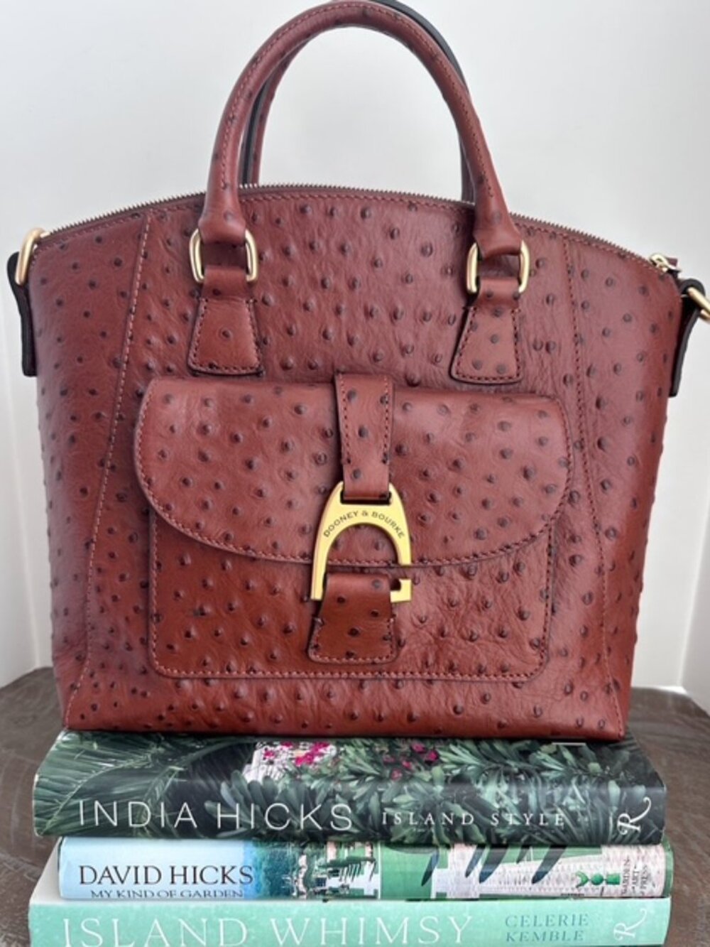 Dooney & Bourke Ostrich Embossed Leather Domed Satchel | Cognac | New with Tags - Picture 2 of 15